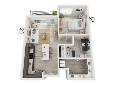Floor plan for 1 bed, 1 bath, 710 sqft